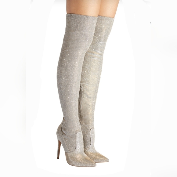 New! Silver gold sparkle boots stiletto heels thigh high stretchy size 8 wide - Picture 4 of 16